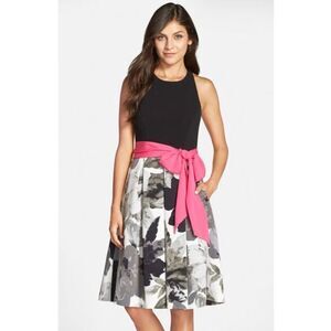 Eliza J Floral Fit & Flare Dress Cutout Back Pink Sash Black Grey Size 14